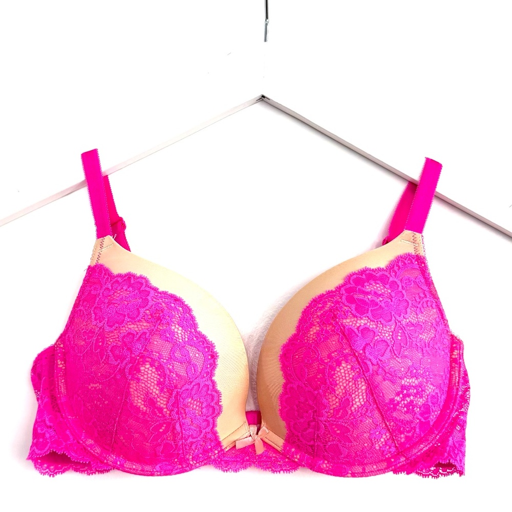 Victoria's Secret Dream Angels Push-up Bright Pink Nude Lace Bra 36C Valentines
